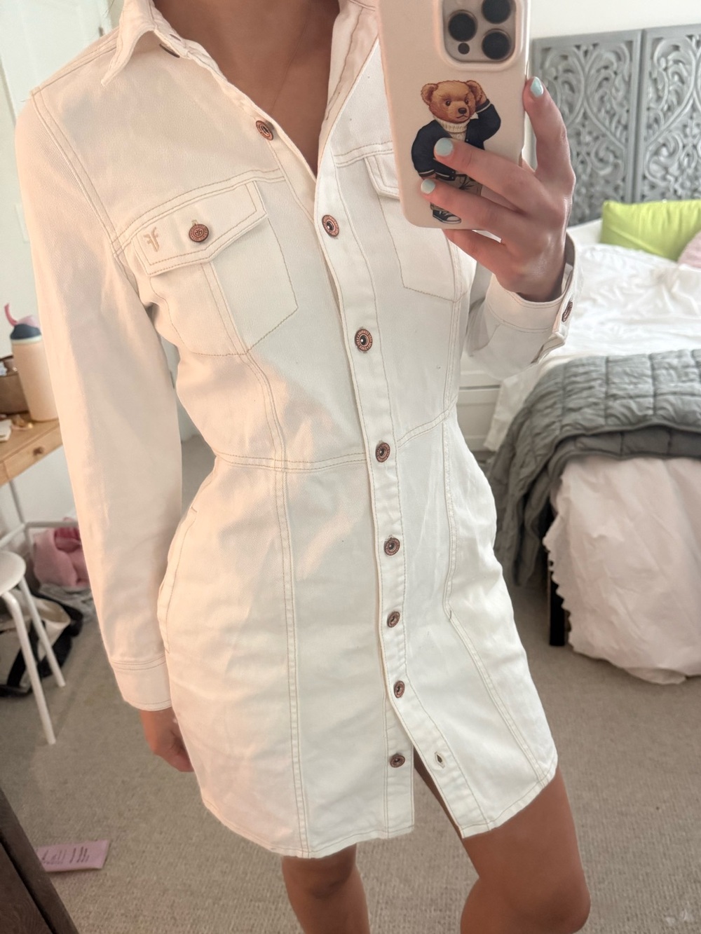 White button down long sleeve Frye jean dress